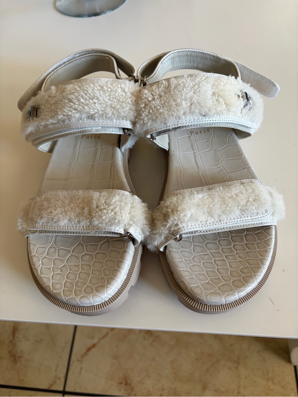 Christian Louboutin Cream Croc-Embossed Slide Sandals